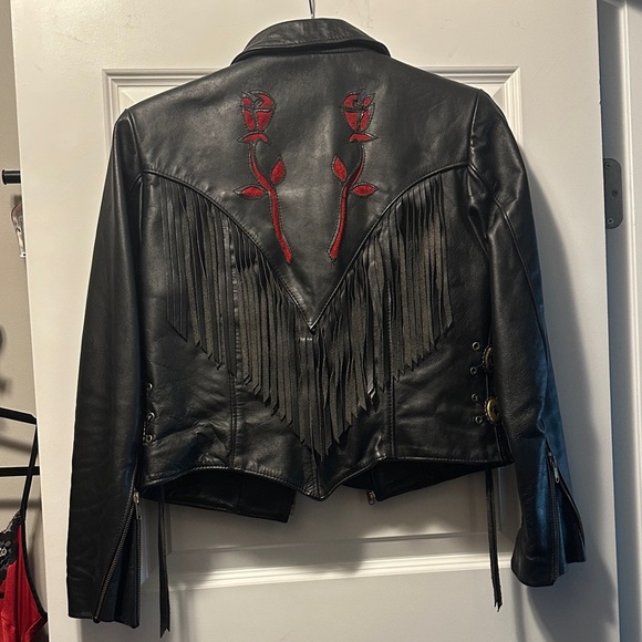 Black Leather Jacket with Red Suede Roses - Picture 2 of 6